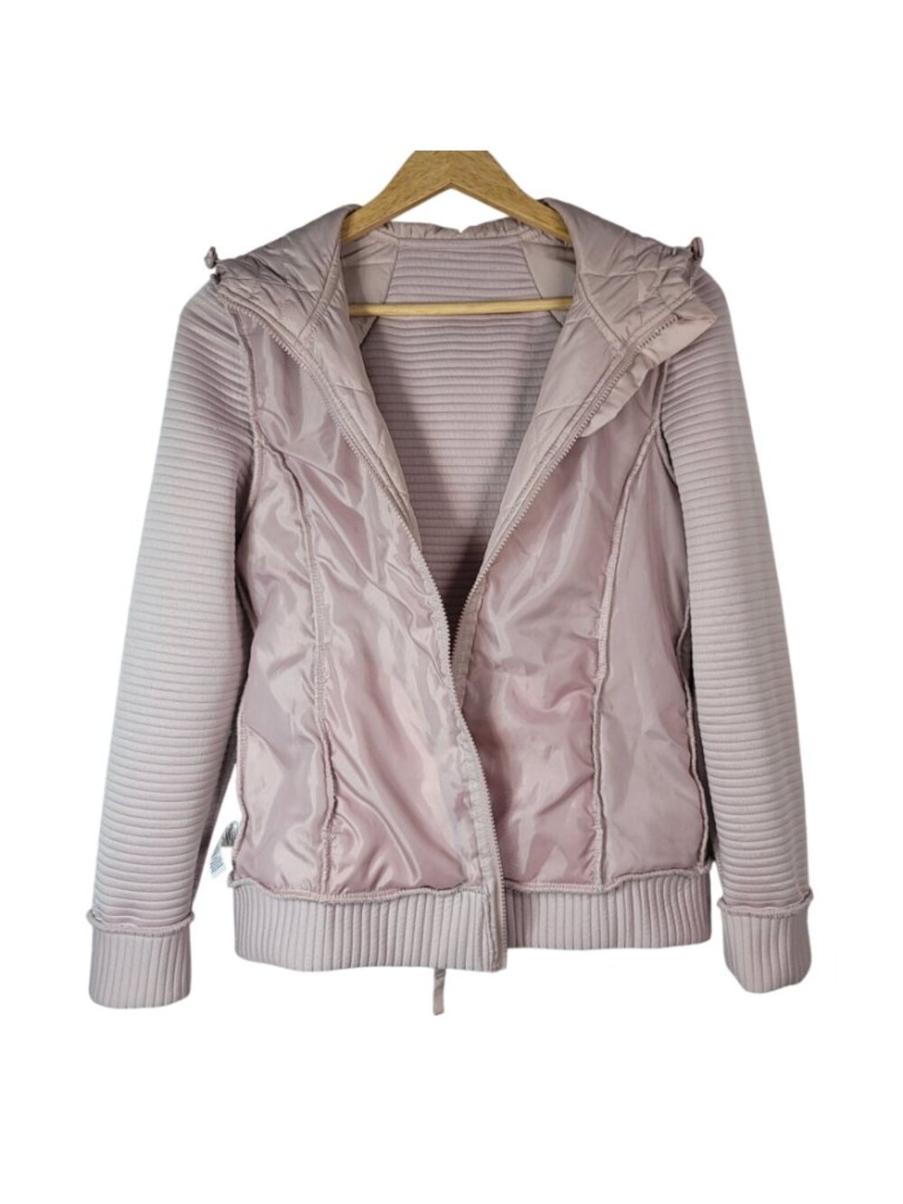 Time and Tru Women Quilted Jacket Pink Small Long Sleeve Hood Pockets Ribbed Zip - Picture 6 of 11